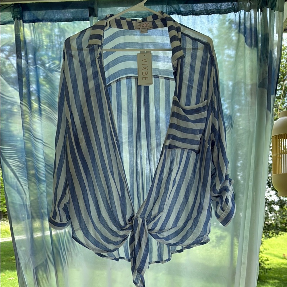 White and Blue 3/4 Sleeve Tie Front Button Down Shirt